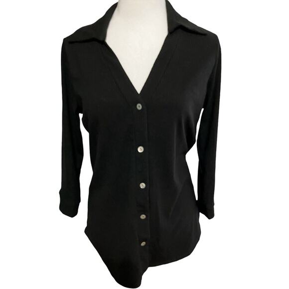 Beacon Apparel Stitch Fix Women's Black Button Up Top 3/4 Sleeve Ribbed NWT Sz M - Picture 2 of 8